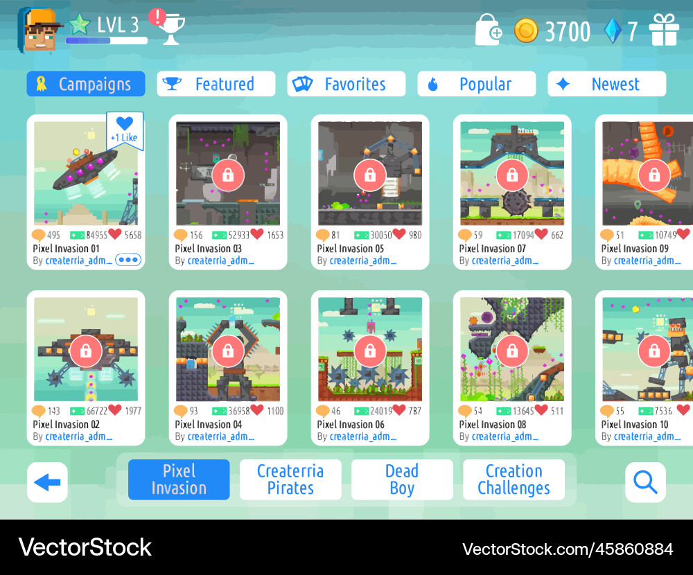 Komplettes Set von Level-Taste Spiel ui Pop-up-Symbol vektorbild