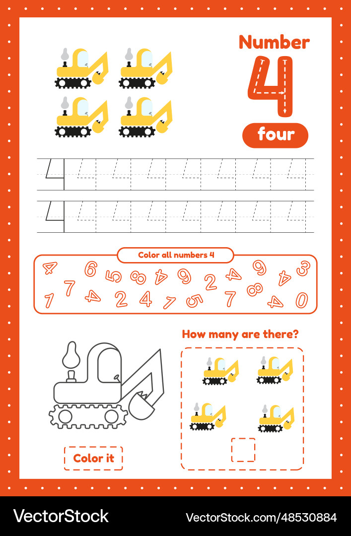 Learning numbers number 4 trace color count Learning numbers number 4 trace color count vector image