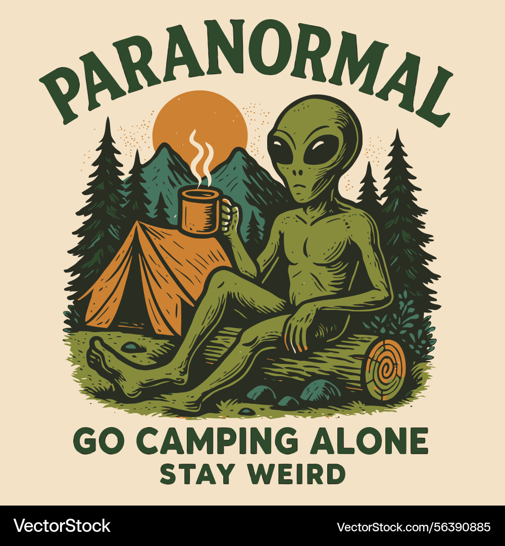 Alien relaxing on log enjoying coffee while Alien relaxing on log enjoying coffee while Vector Image
