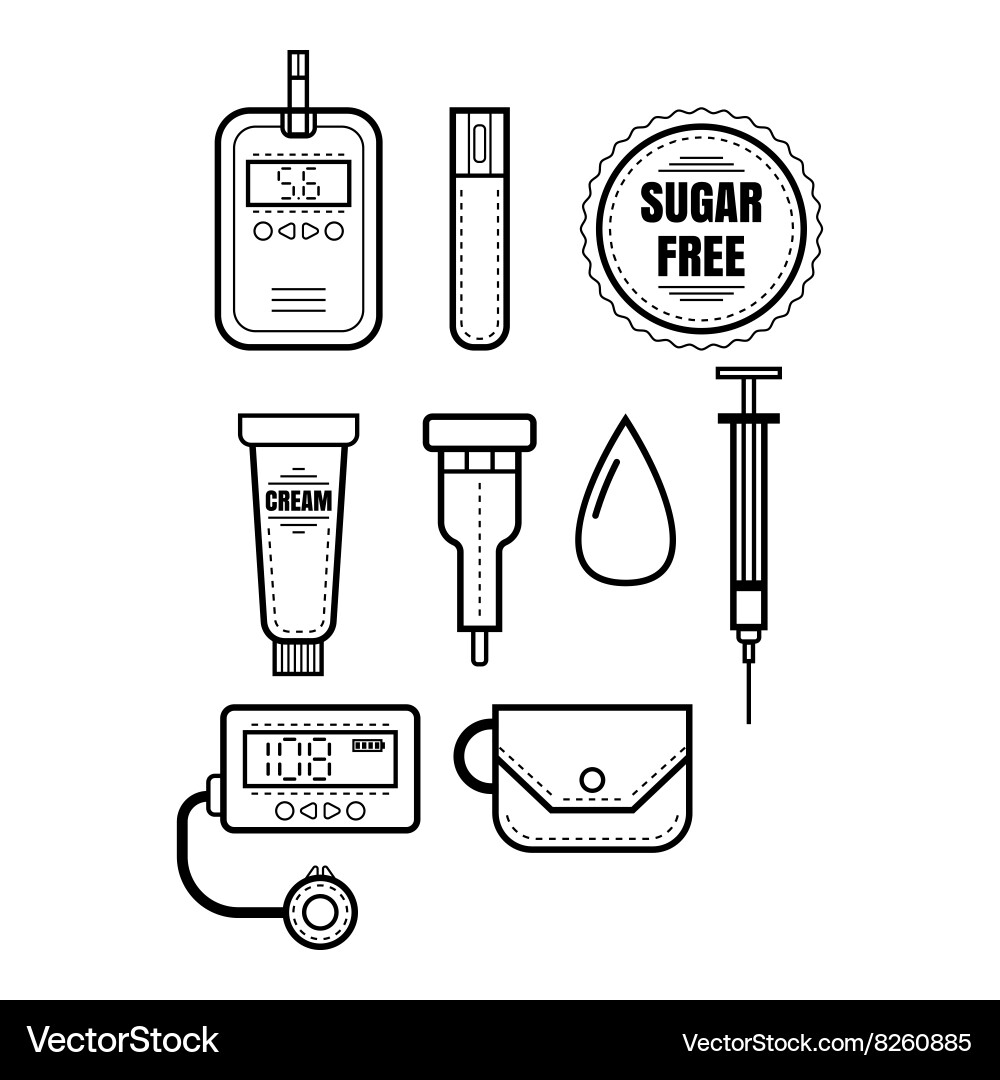 Diabetes set of linear icons objects glucometer vector image