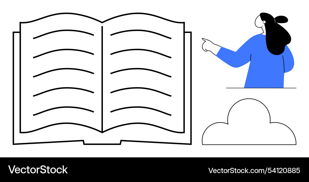 Open book with character gesturing and cloud Open book with character gesturing and cloud vector image