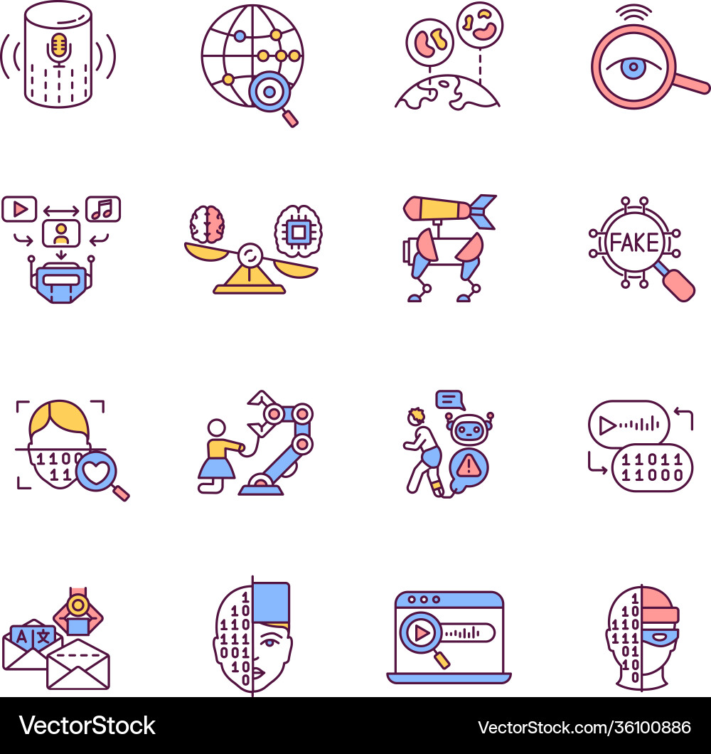Artificial intelligence rgb color icons set Artificial intelligence rgb color icons set Vector Image