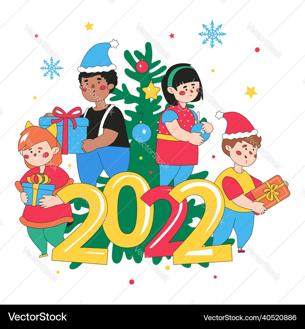 Happy children at christmas tree - colorful flat Happy children at christmas tree - colorful flat vector image