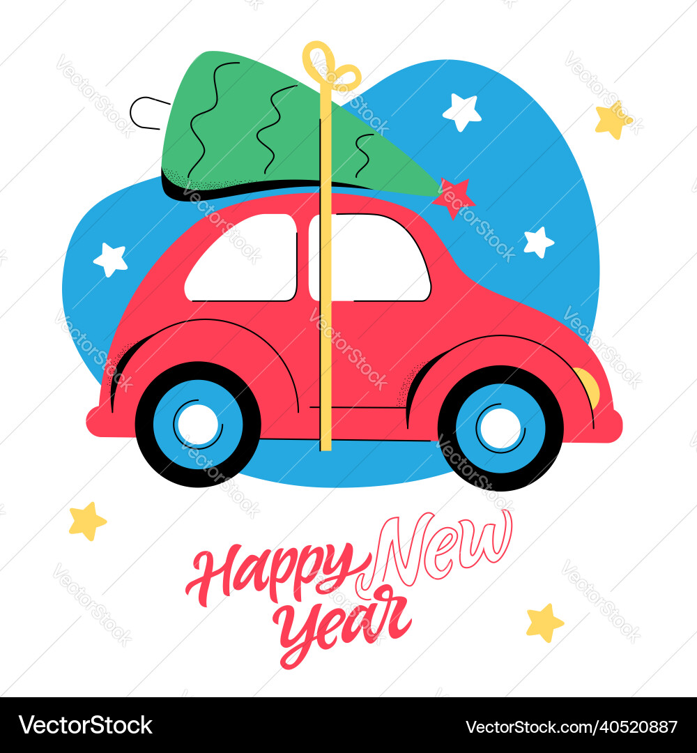 Carry christmas tree by car - colorful flat design Carry christmas tree by car - colorful flat design vector image