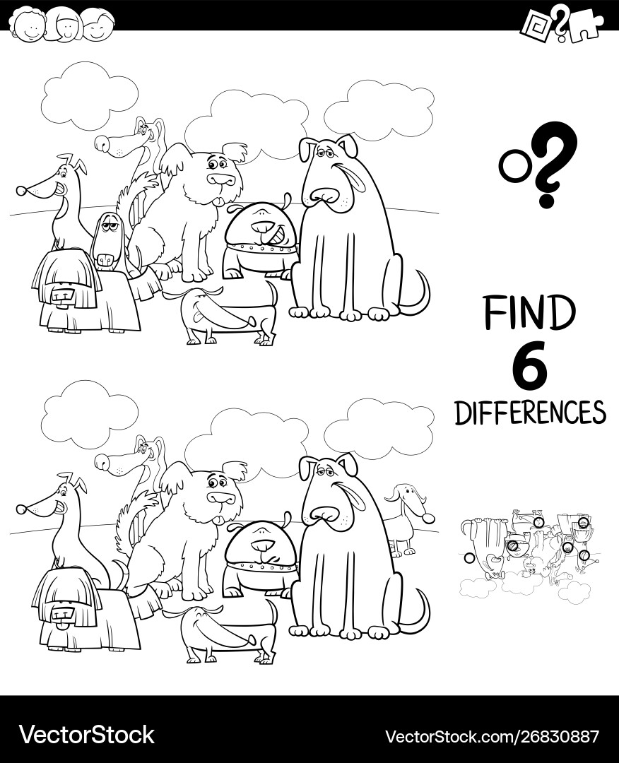 Differences color book with dogs animal characters vector image