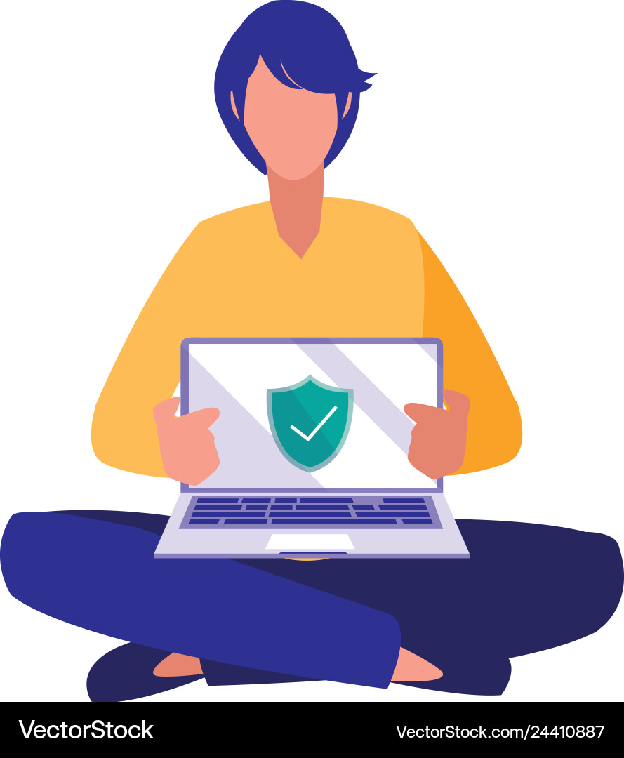 Man using laptop computer with shield vector image