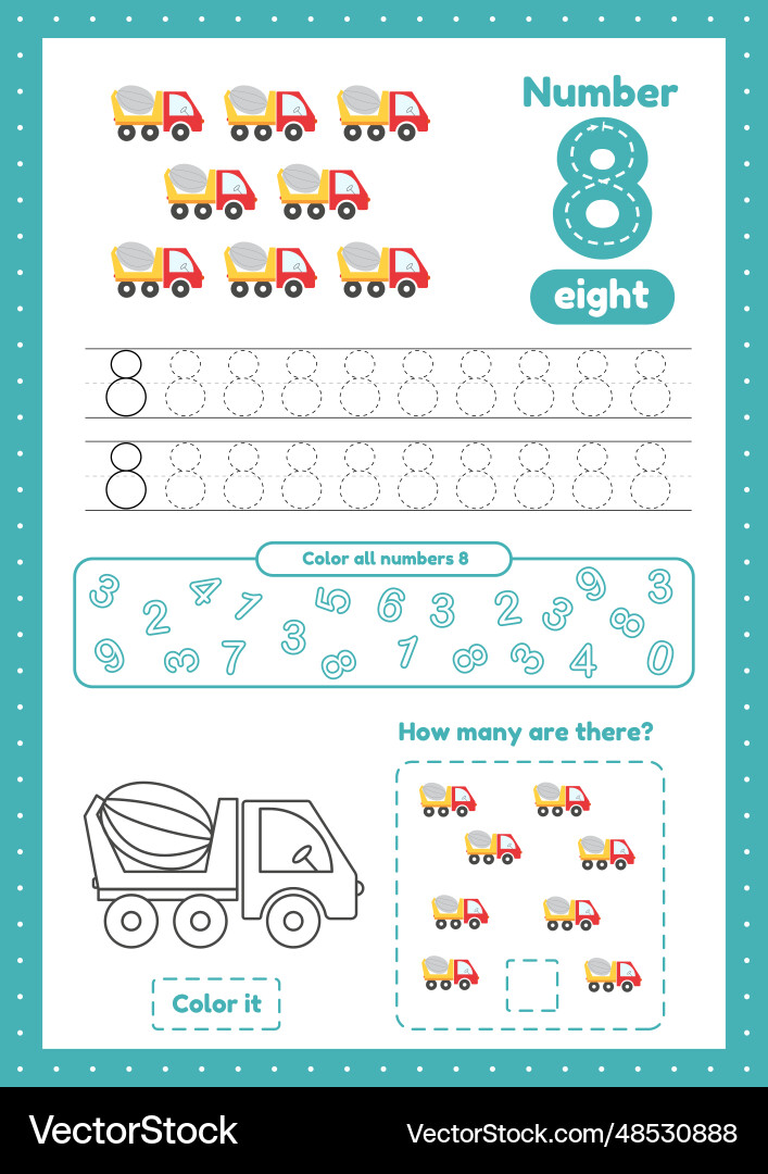 Learning numbers number 8 trace color counting Learning numbers number 8 trace color counting vector image