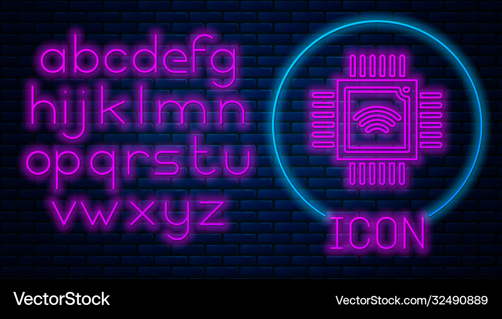 Glowing neon computer processor with microcircuits Glowing neon computer processor with microcircuits vector image