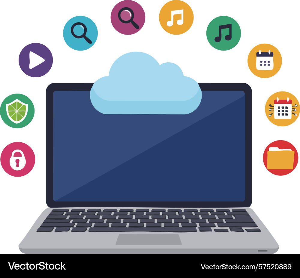 Laptop with cloud computing and colorful app Laptop with cloud computing and colorful app vector image