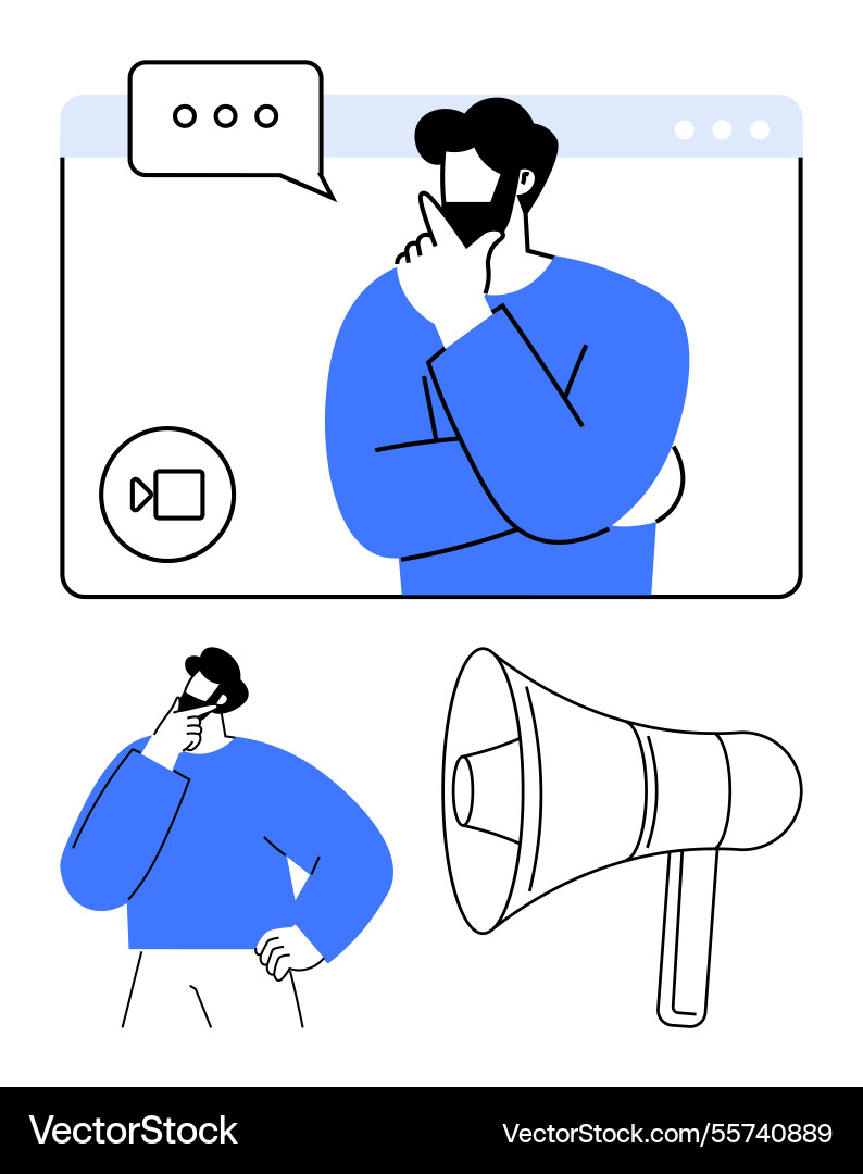Man thinking during video call with speech bubble Man thinking during video call with speech bubble vector image