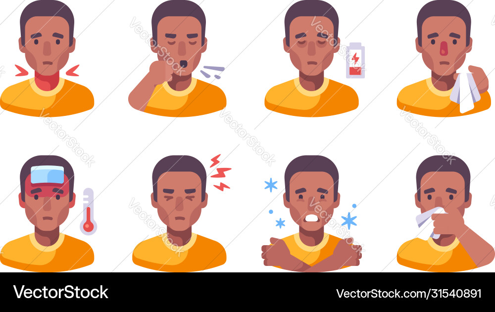 African american man with different flu symptoms African american man with different flu symptoms Vector Image