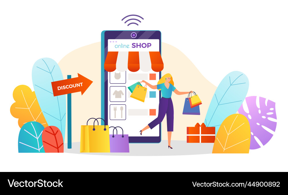 Remote online payment female hold shopping bag Remote online payment female hold shopping bag vector image