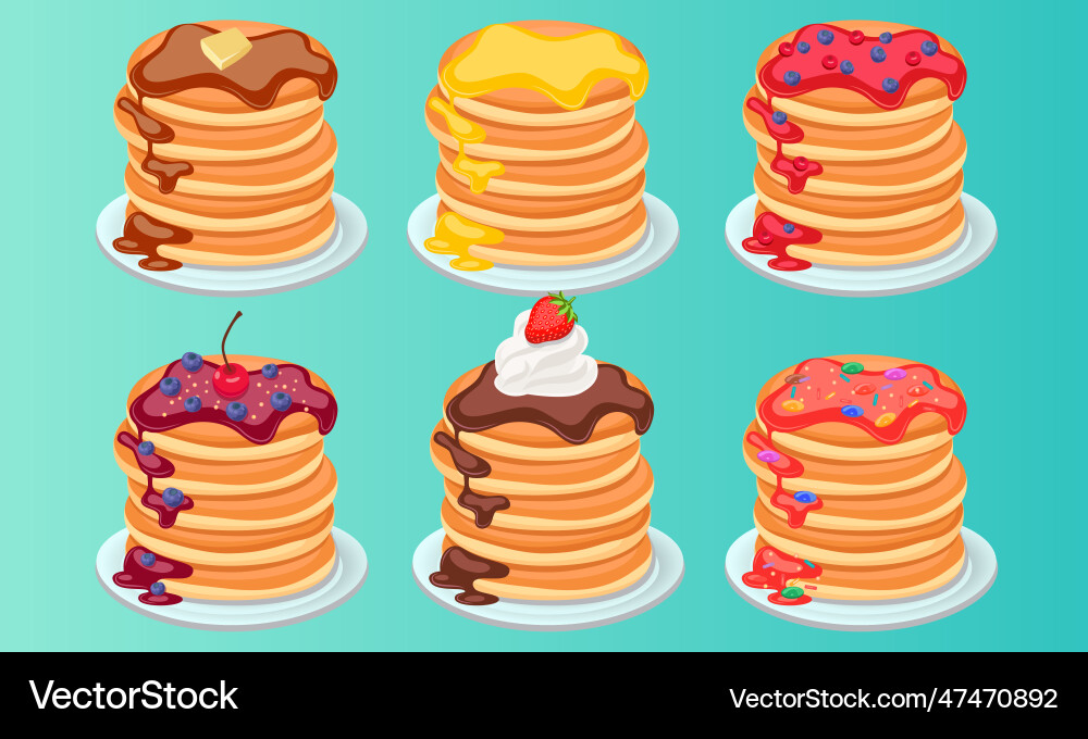 Set of tasty pancakes with different toppings Set of tasty pancakes with different toppings Vector Image