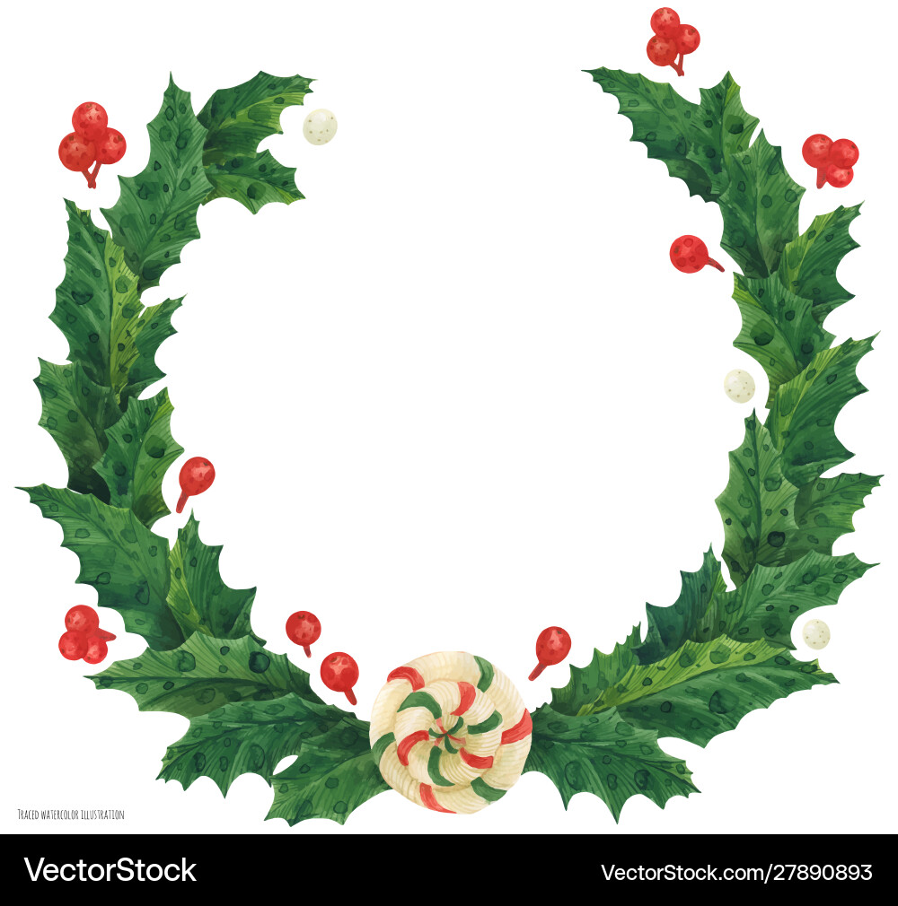 Christmas holly wreath with lollipop watercolor Christmas holly wreath with lollipop watercolor vector image