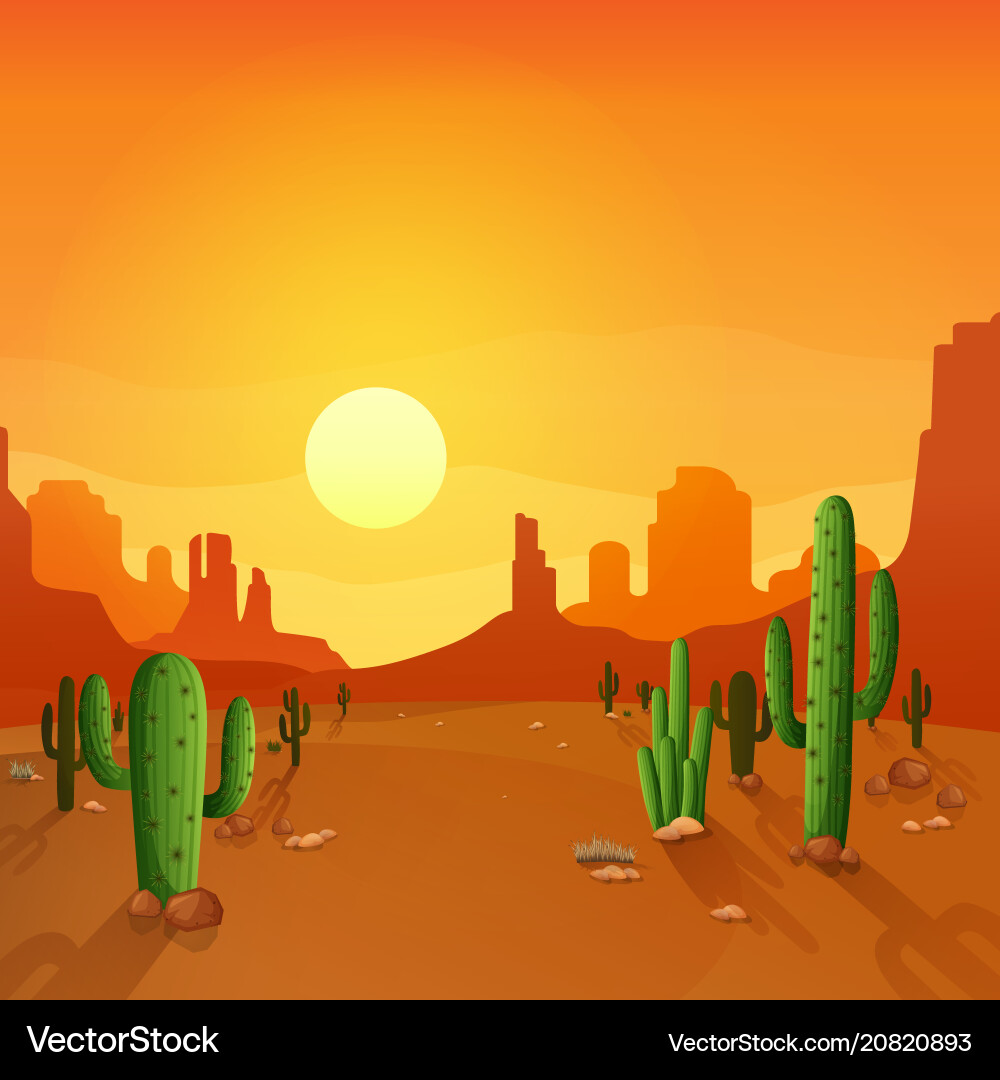 Desert Sunset Cacti Landscape Royalty Free Vector Image