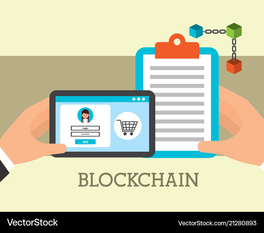 Hands with device and clipboard blockchain Hands with device and clipboard blockchain vector image