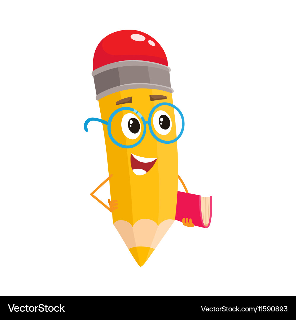 Yellow cartoon pencil in nerdy glasses telling Vector Image