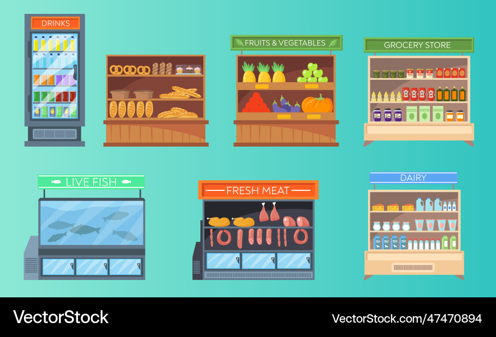 Set of racks and refrigerators with food Vector Image