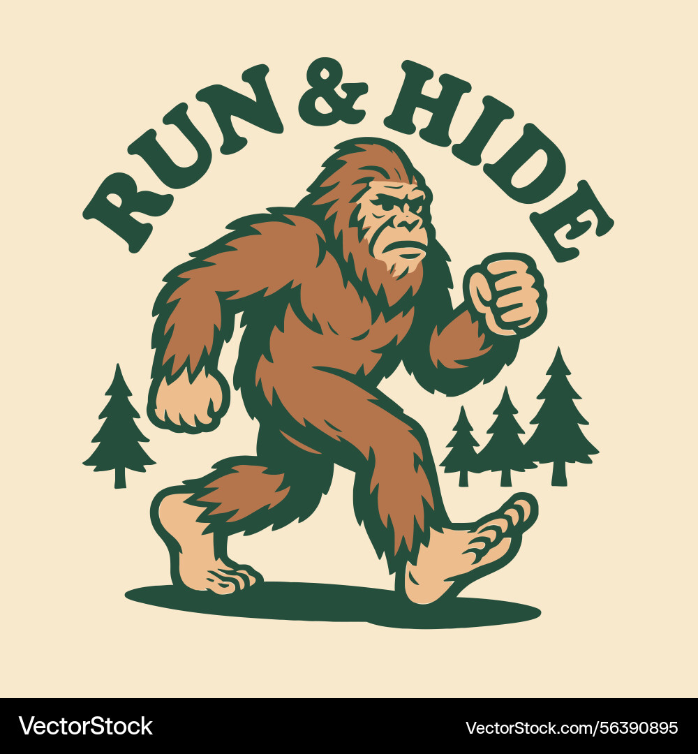 Bigfoot running in forest with run and hide text Vector Image