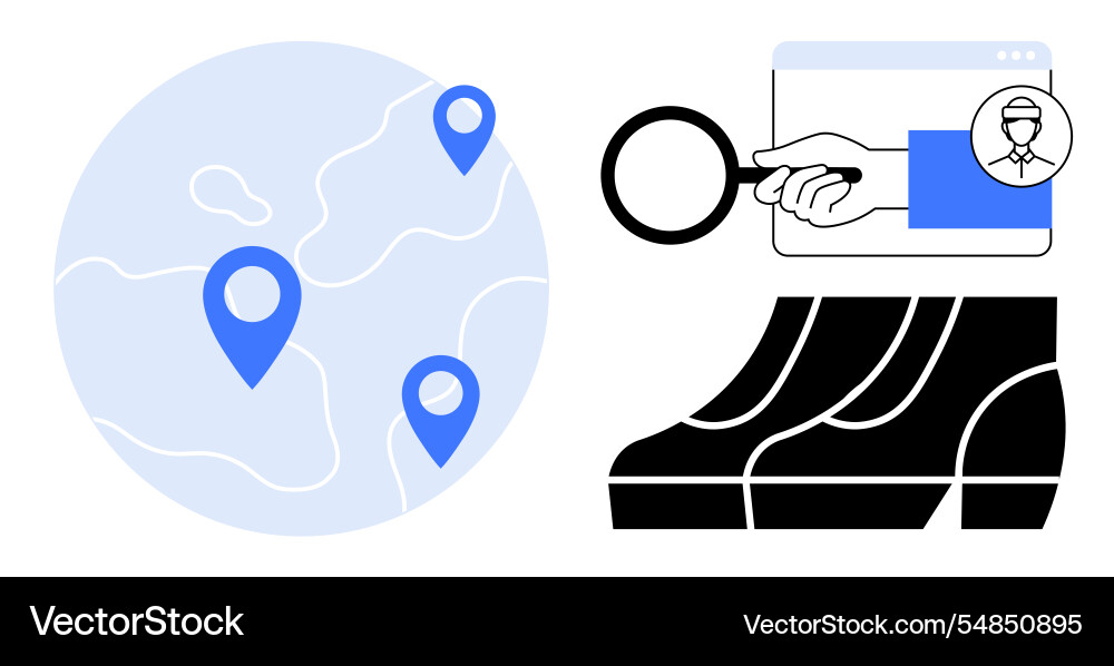 Global navigation with magnifying glass browser Global navigation with magnifying glass browser vector image