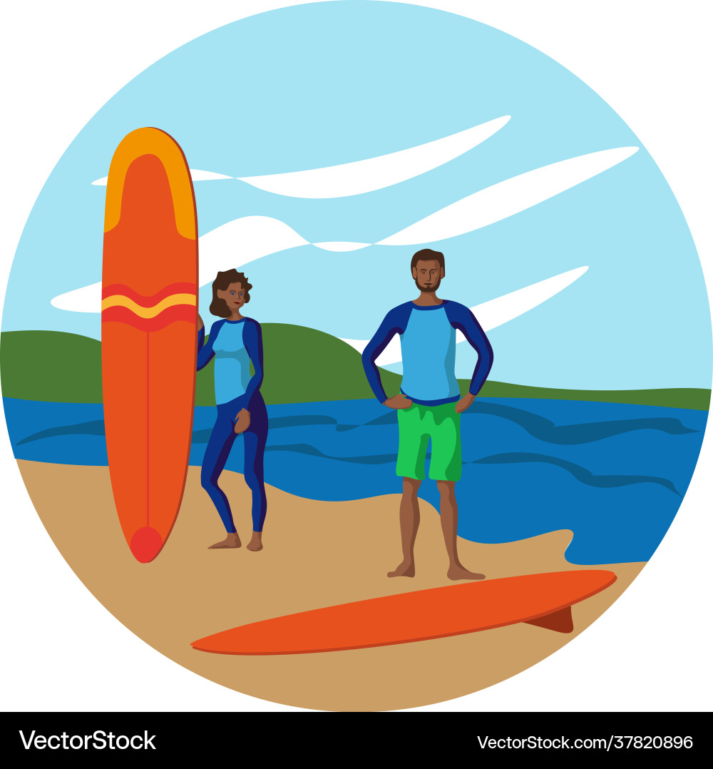 Surfers man and girl on a background sea Surfers man and girl on a background sea vector image