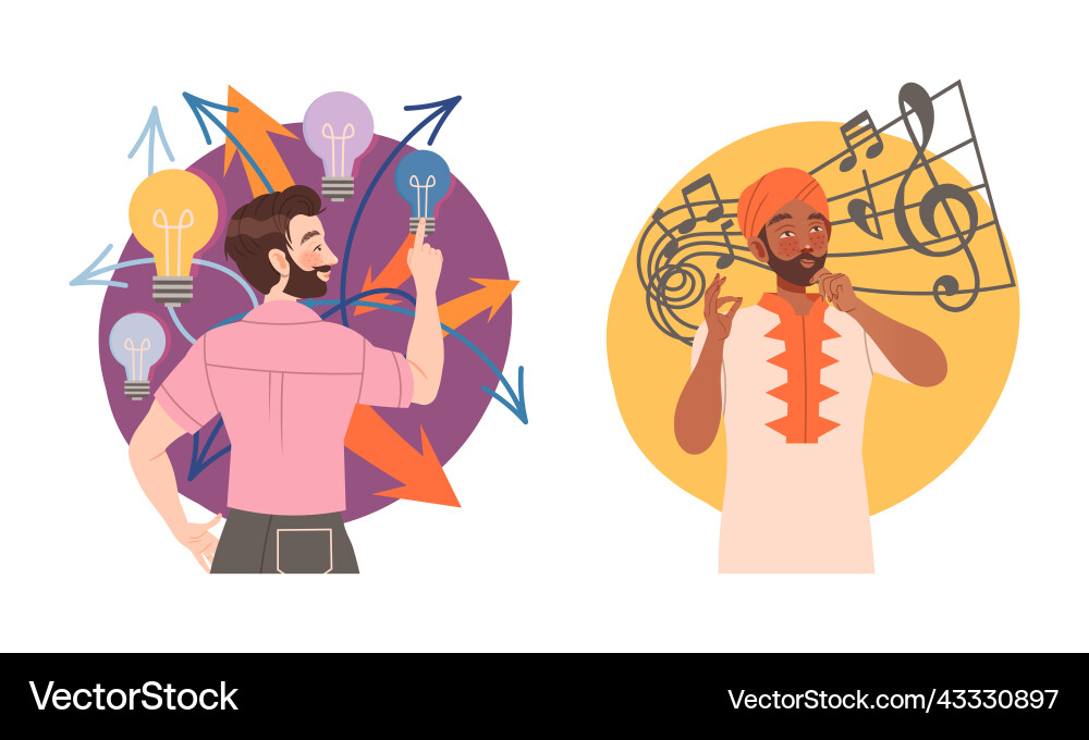Man with creative type of thinking or mindset Man with creative type of thinking or mindset Vector Image