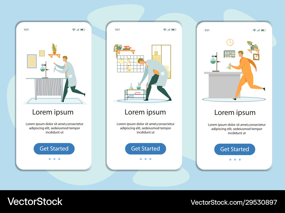 Mobile app page set and scientist hold glass flask Vector Image