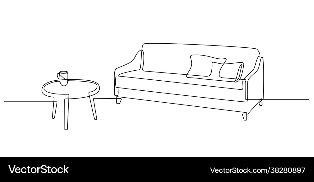 One continuous line drawing sofa with table One continuous line drawing sofa with table vector image