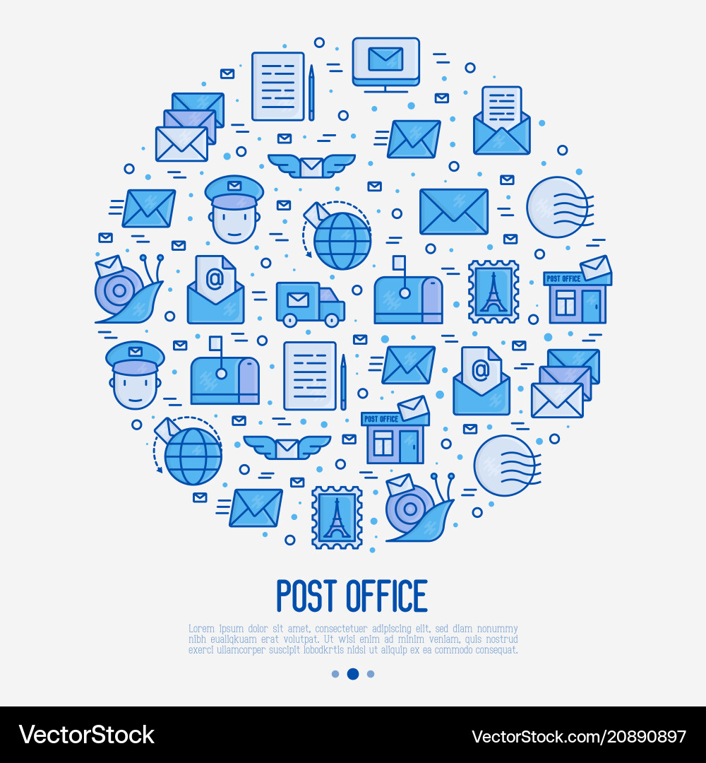 Post Office Konzept im Kreis mit dünnen Liniensymbolen Post Office Konzept im Kreis mit dünnen Liniensymbolen vektorbild