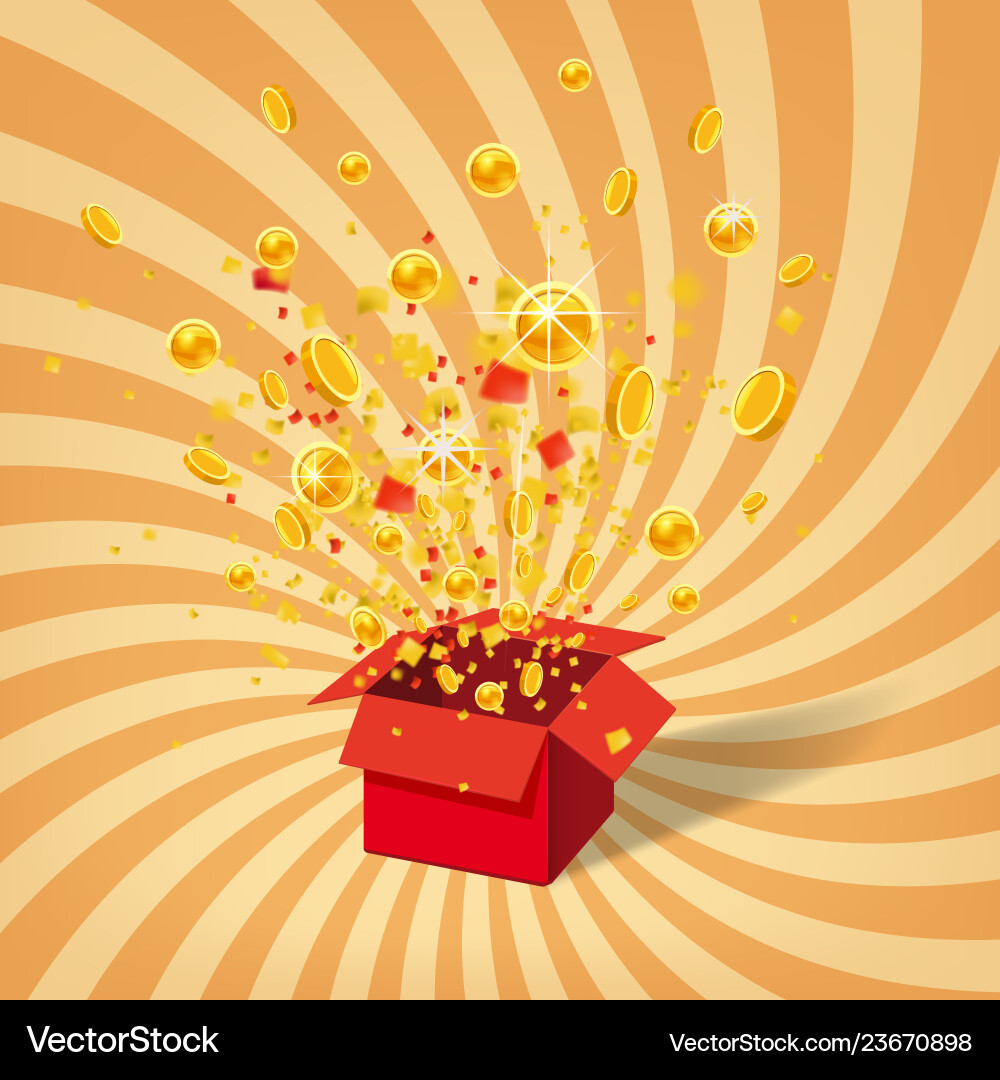 Box with coins exploision blast open red gift Box with coins exploision blast open red gift vector image