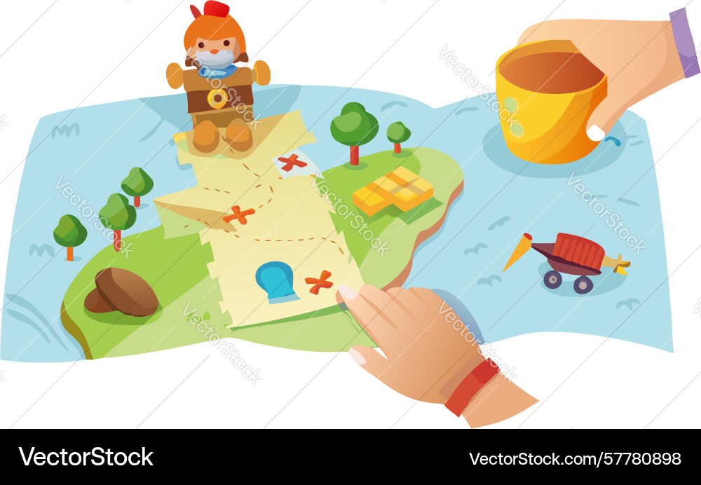 Hands interacting with a colorful map design vector image