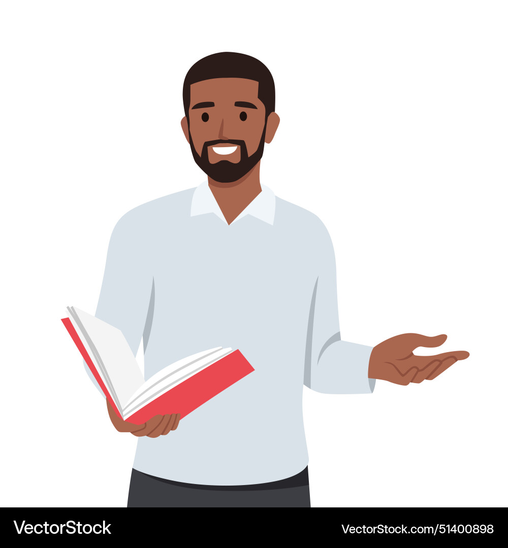 Man holding and reading book while explaining Vector Image