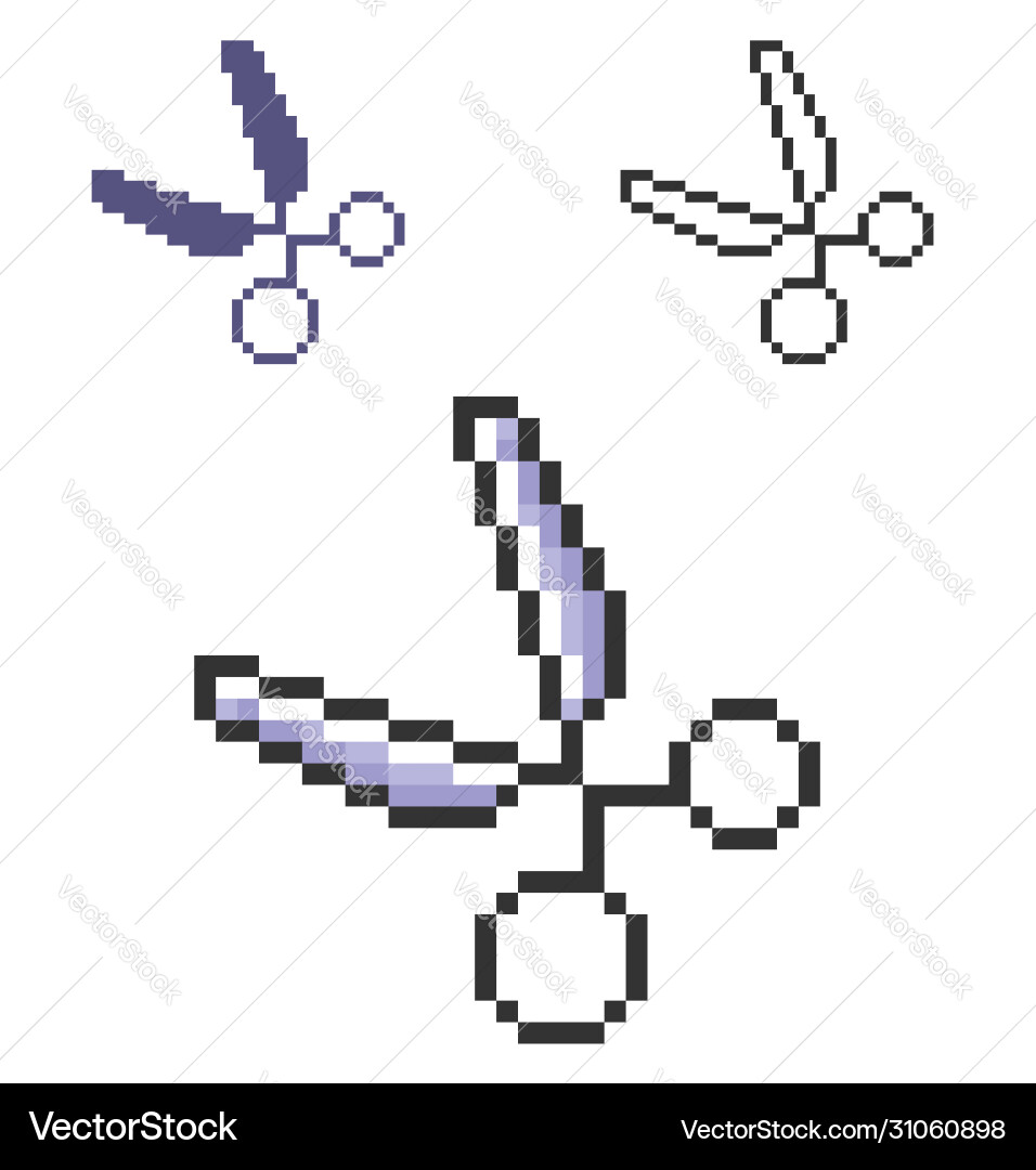 Pixel icon scissors in three variants fully Pixel icon scissors in three variants fully vector image