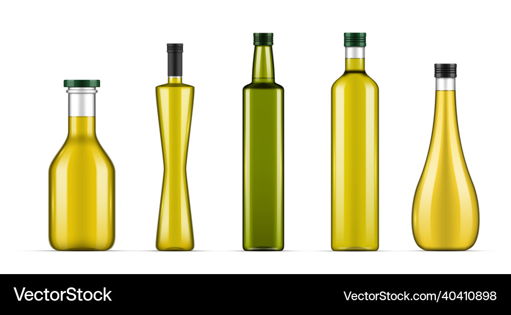 Realistic oil bottles different shape with lid set Realistic oil bottles different shape with lid set vector image