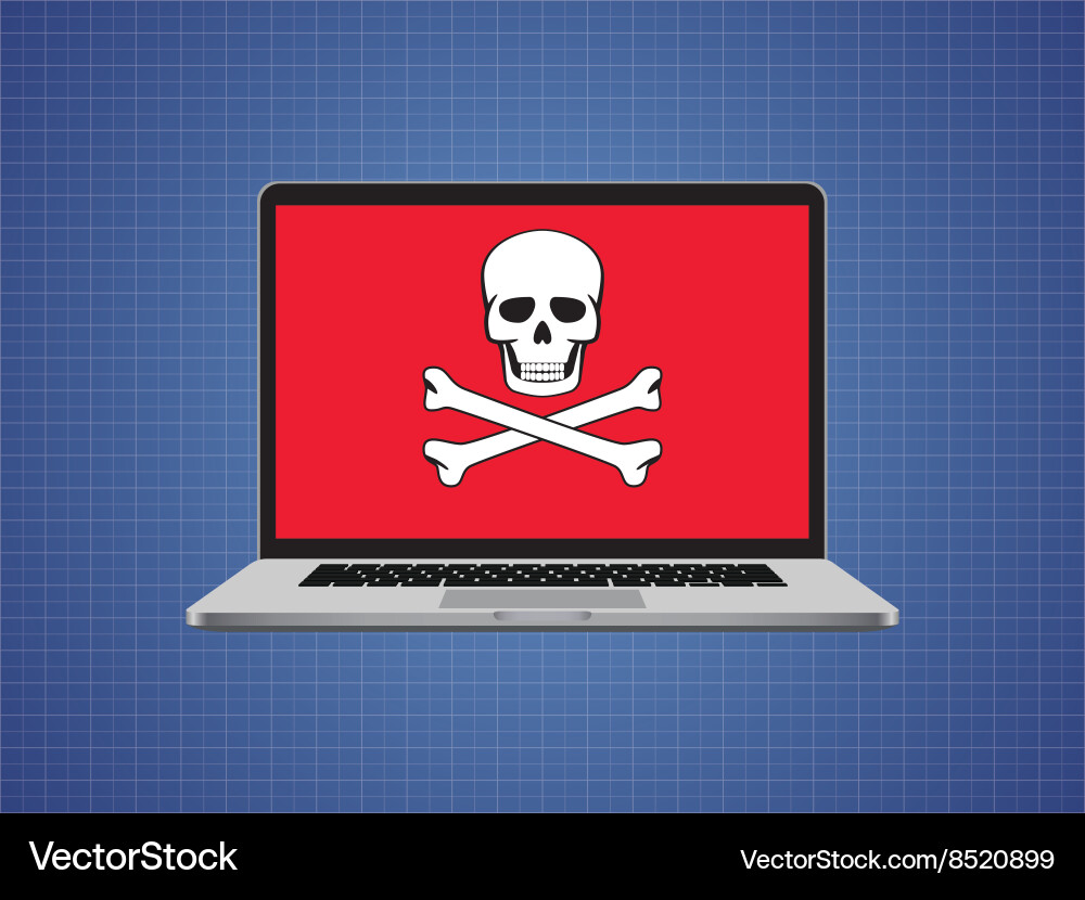 Computer hacked with skull symbol and danger alert Vector Image