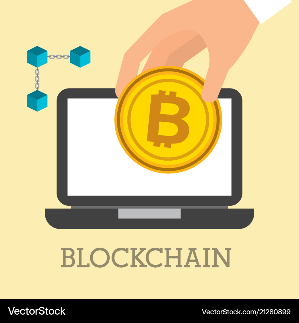 Hand with bitcoin laptop and blockchain vector image