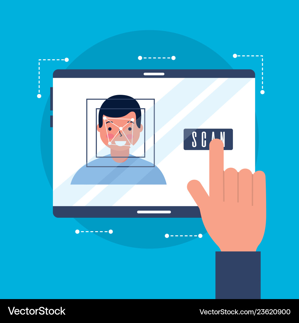 Hand with mobile face scan man vector image