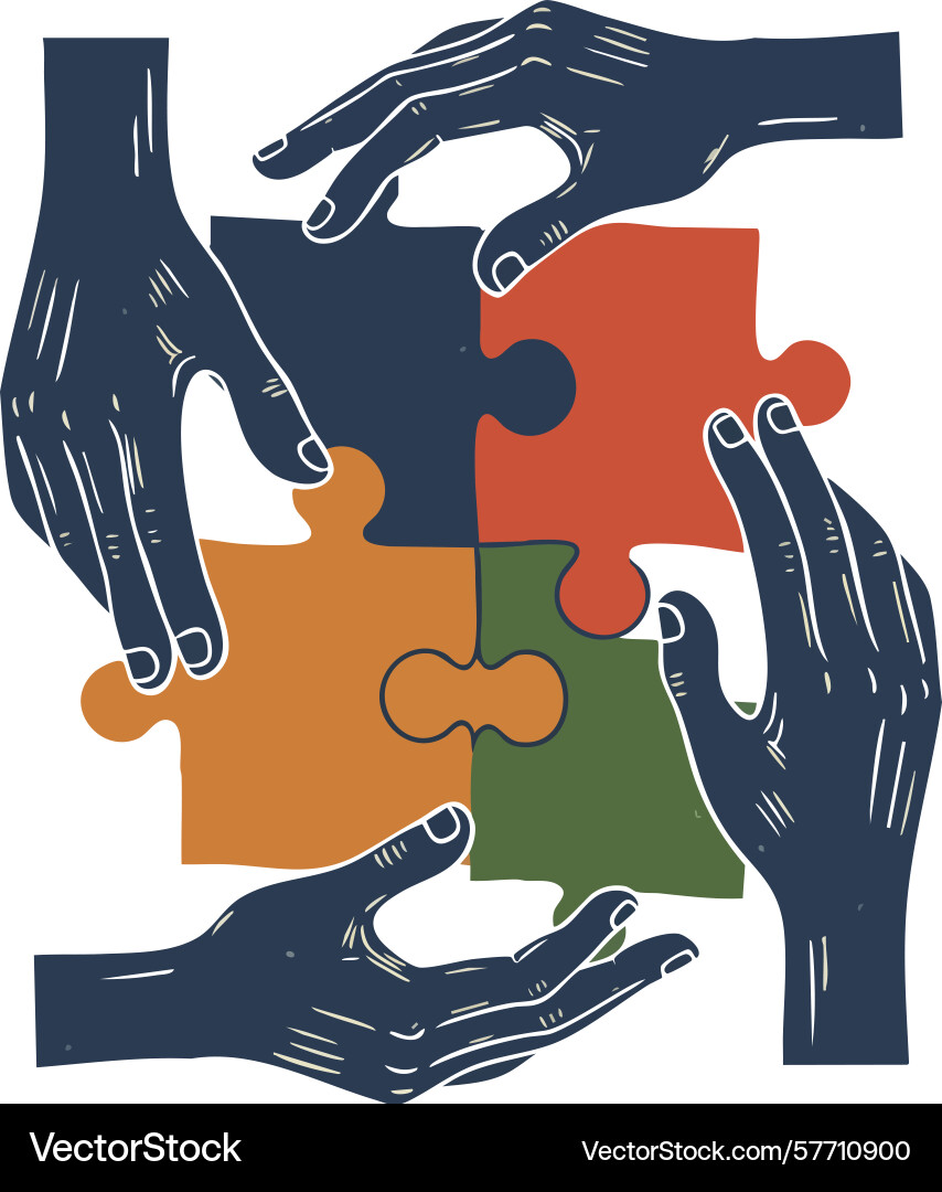 Hands assembling multicolored puzzle pieces Vector Image