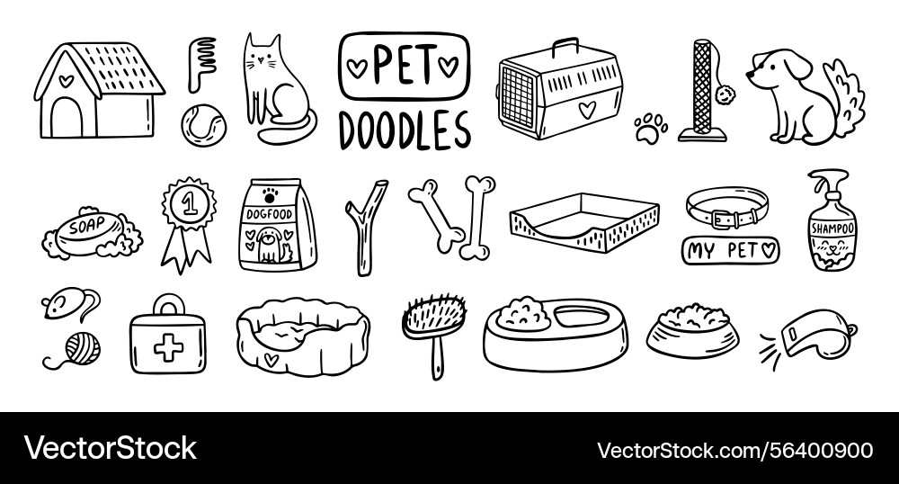 Pet cat and dog doodle hand drawn set elements Pet cat and dog doodle hand drawn set elements Vector Image