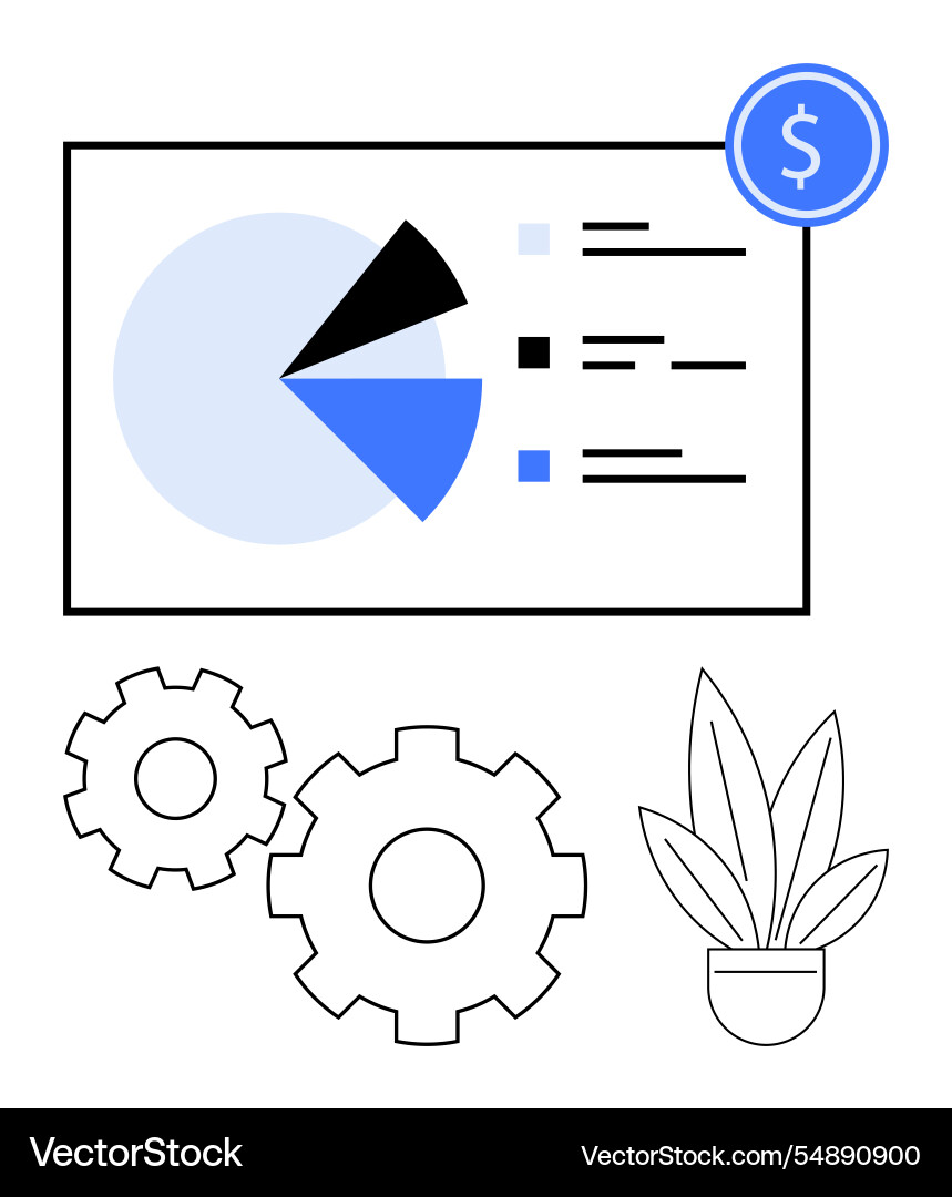 Pie chart with financial data gears symbolizing Pie chart with financial data gears symbolizing vector image