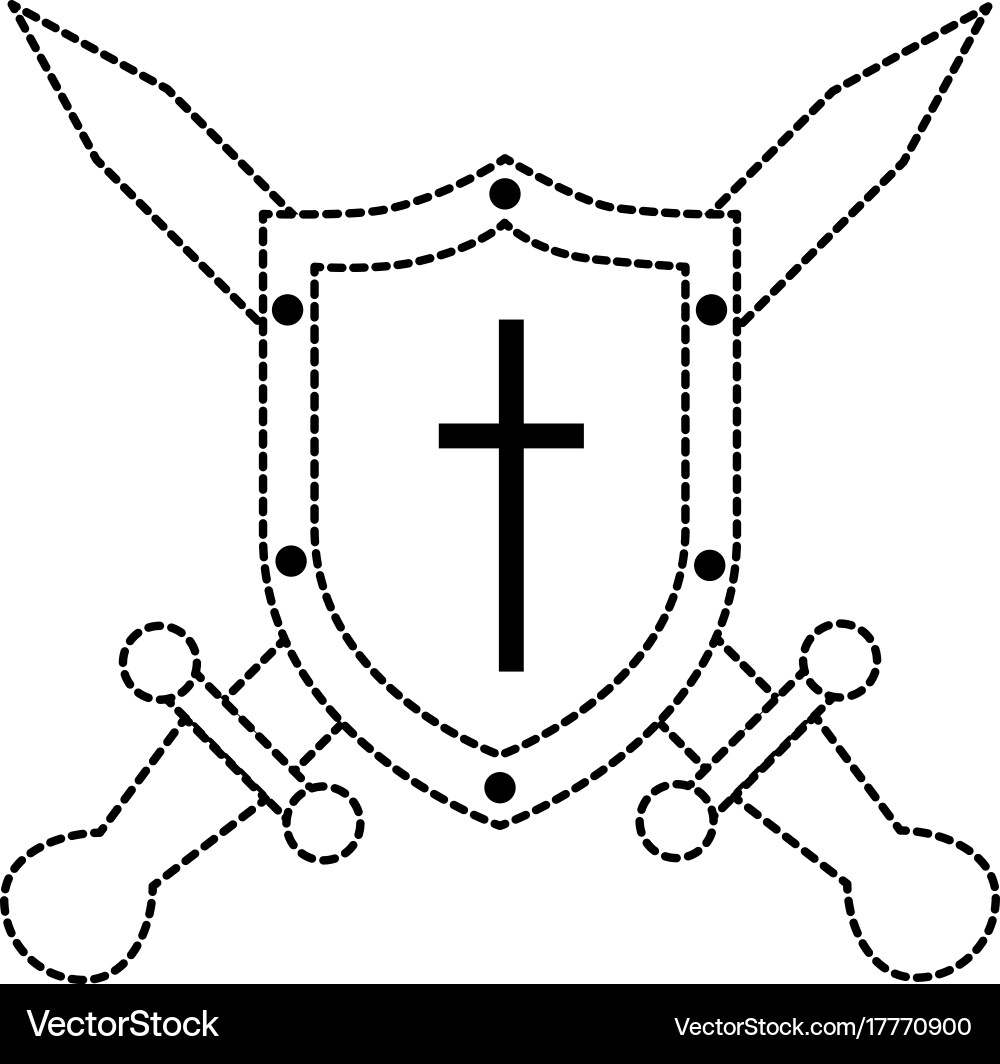 Pixelated shield with sword game icon Vector Image