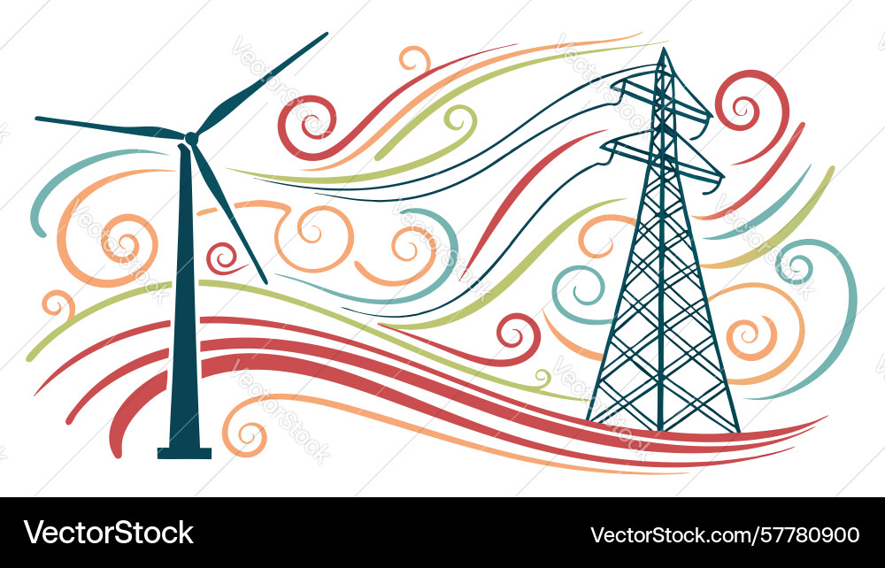 Power lines and wind turbine representing Vector Image