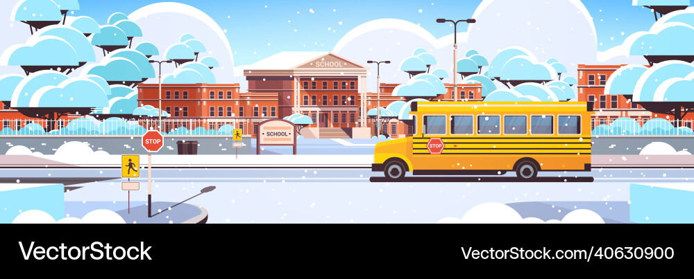 Snowy school building empty front yard with trees Snowy school building empty front yard with trees vector image