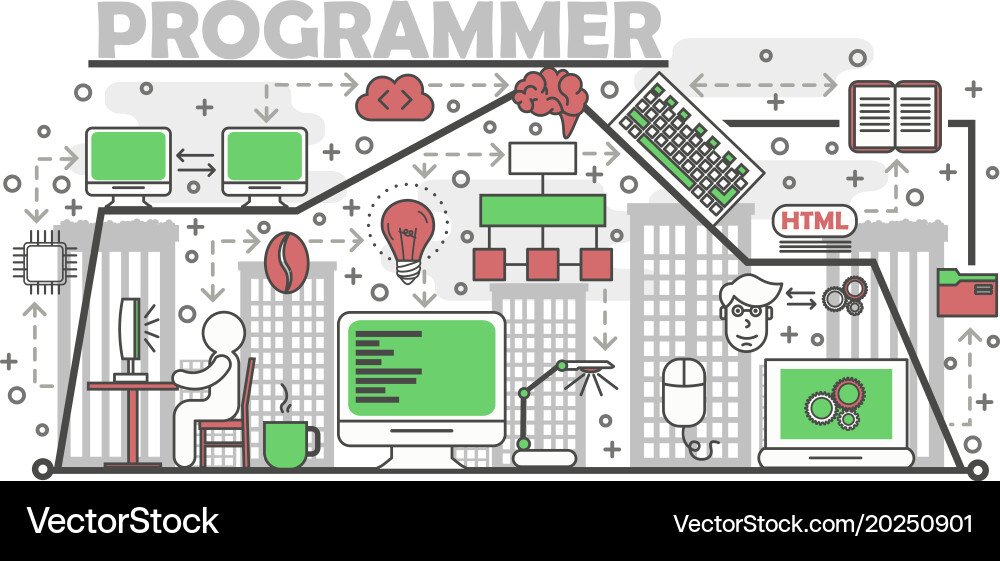 Computer programmer concept flat line art vector image
