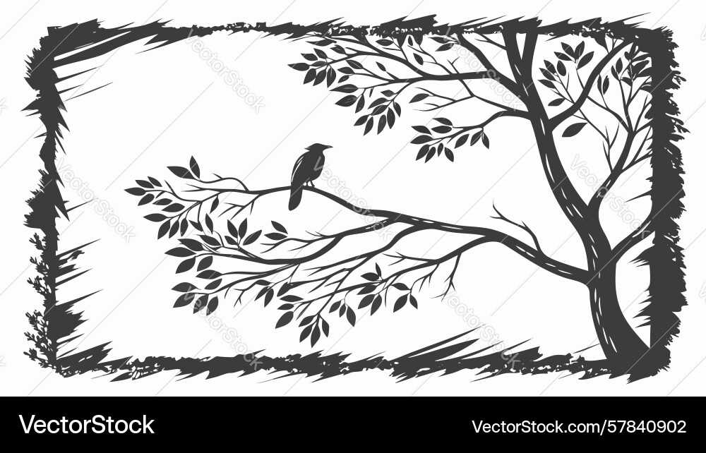 Bird on tree branch in textured frame design vector image