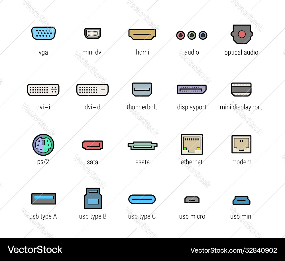Computer Port Icon Set - Various Connections vector image