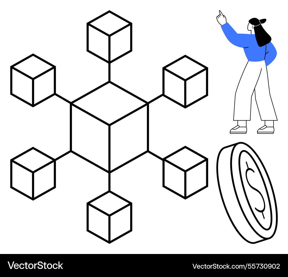 Person pointing at blockchain network structure Person pointing at blockchain network structure Vector Image