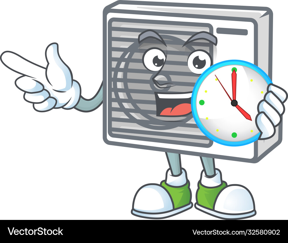 Split air conditioner cartoon character with clock Split air conditioner cartoon character with clock Vector Image