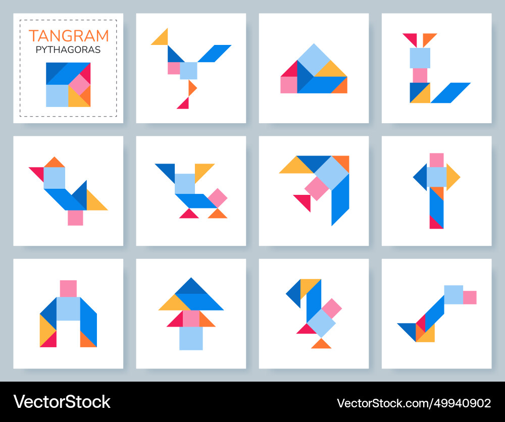 Tangram pythagoras puzzle set with objects Tangram pythagoras puzzle set with objects vector image