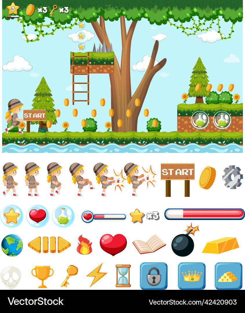 Platform game background template with items Platform game background template with items vector image